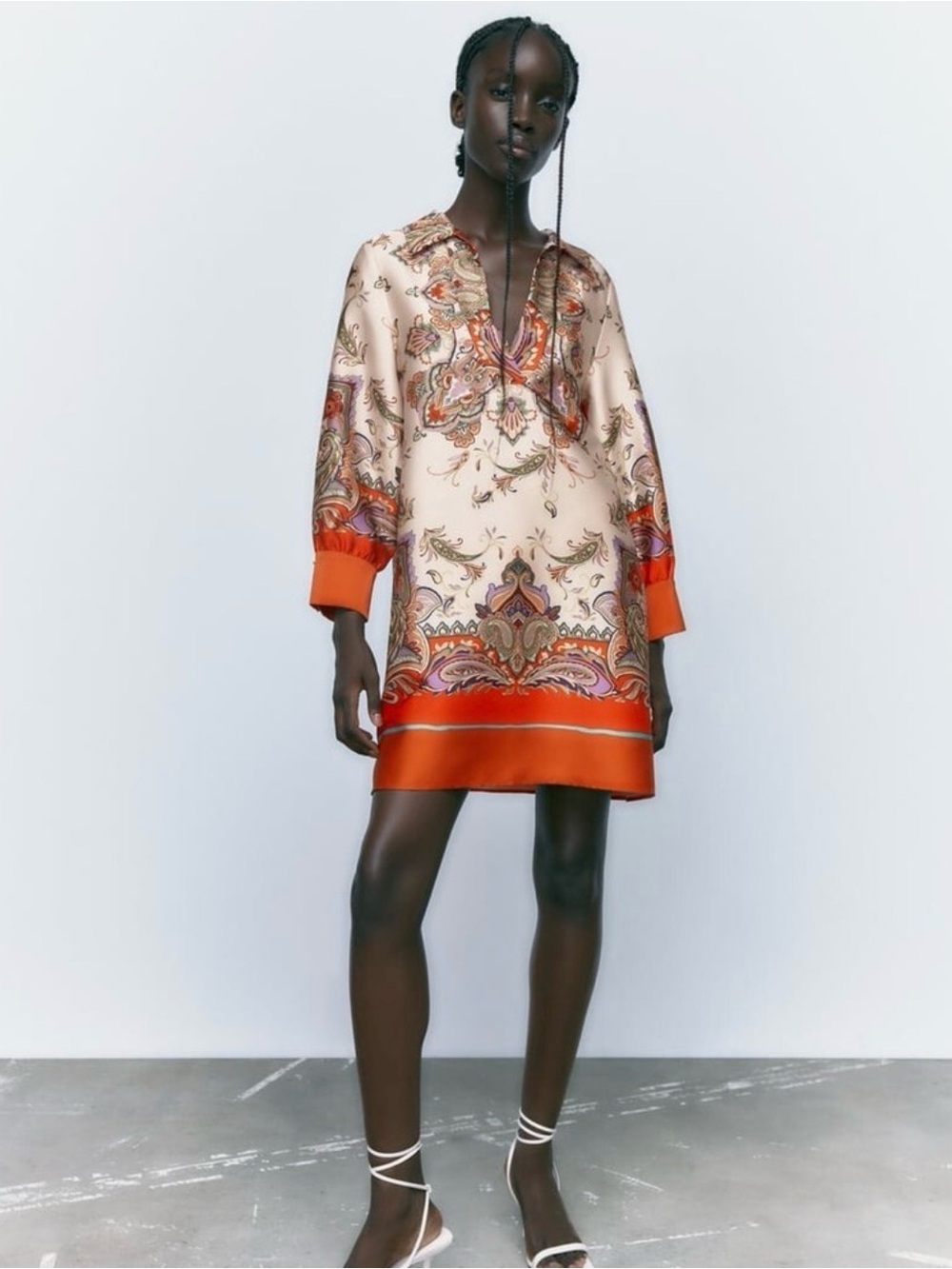 Zara Cream Paisley Mini Dress with Orange Trim